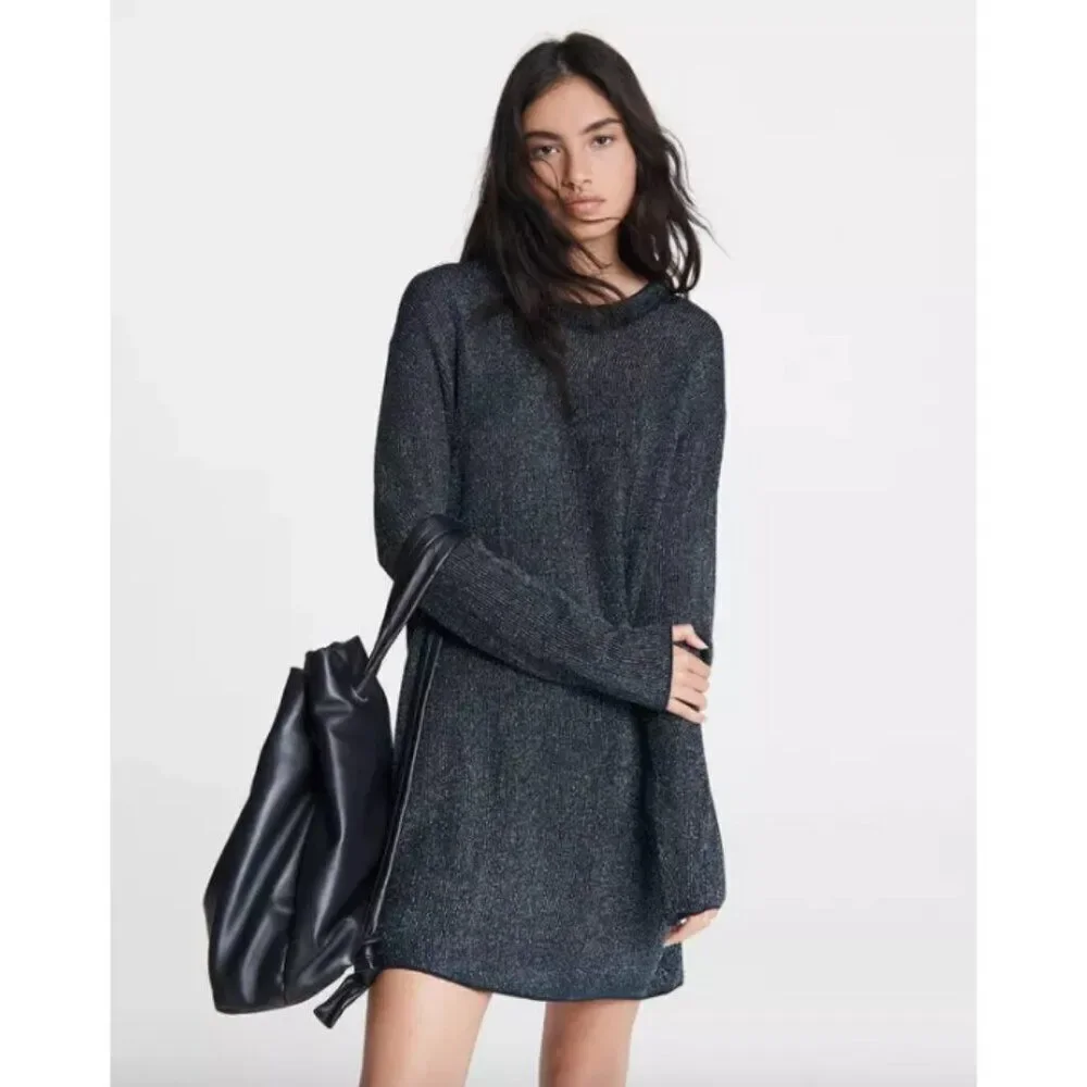 Rag & Bone navy blue metallic stripe wool oversized Cherie mini sweater dress